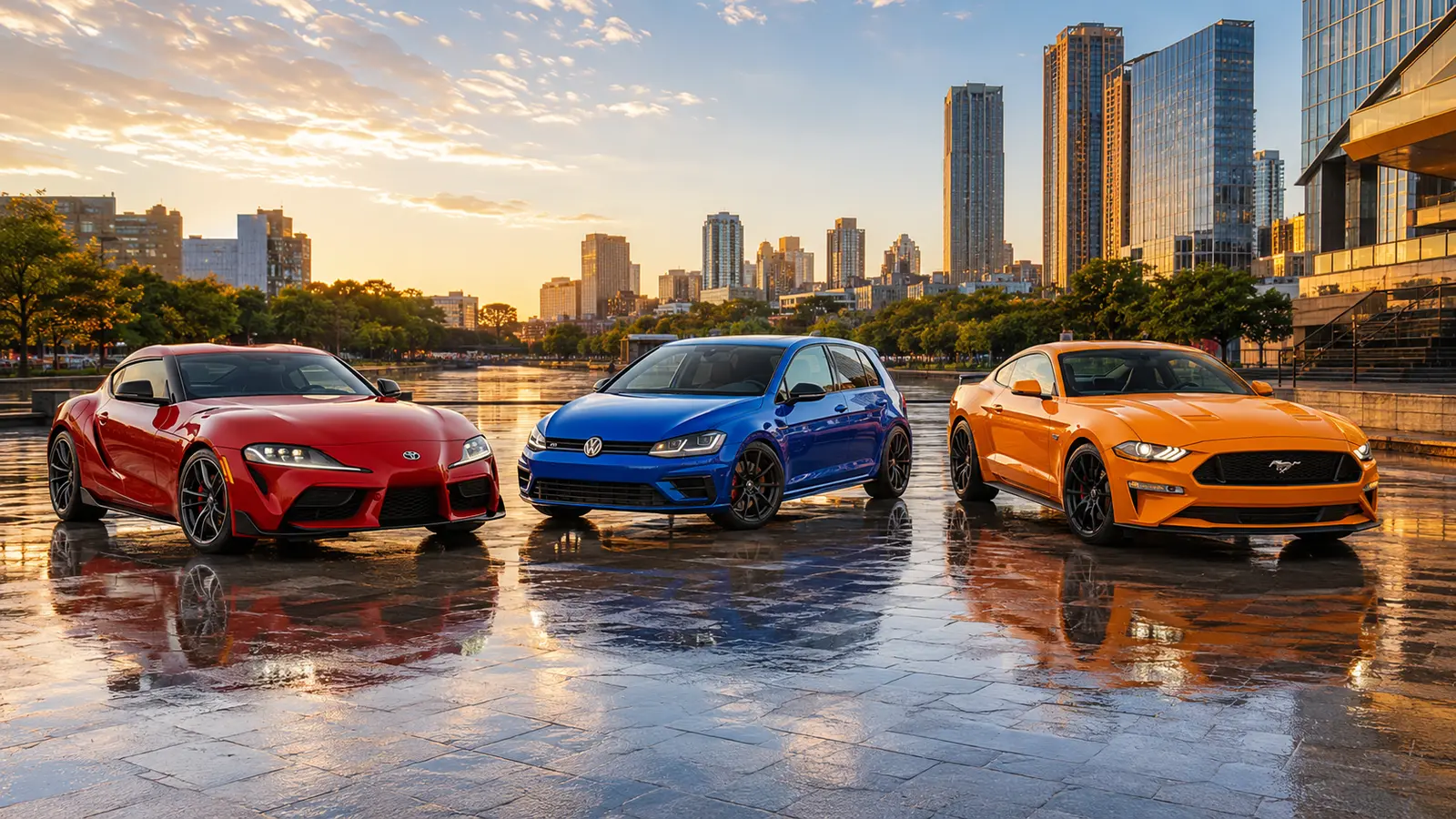 JDM-, europäische und amerikanische Performance-Fahrzeuge im warmen Tageslicht